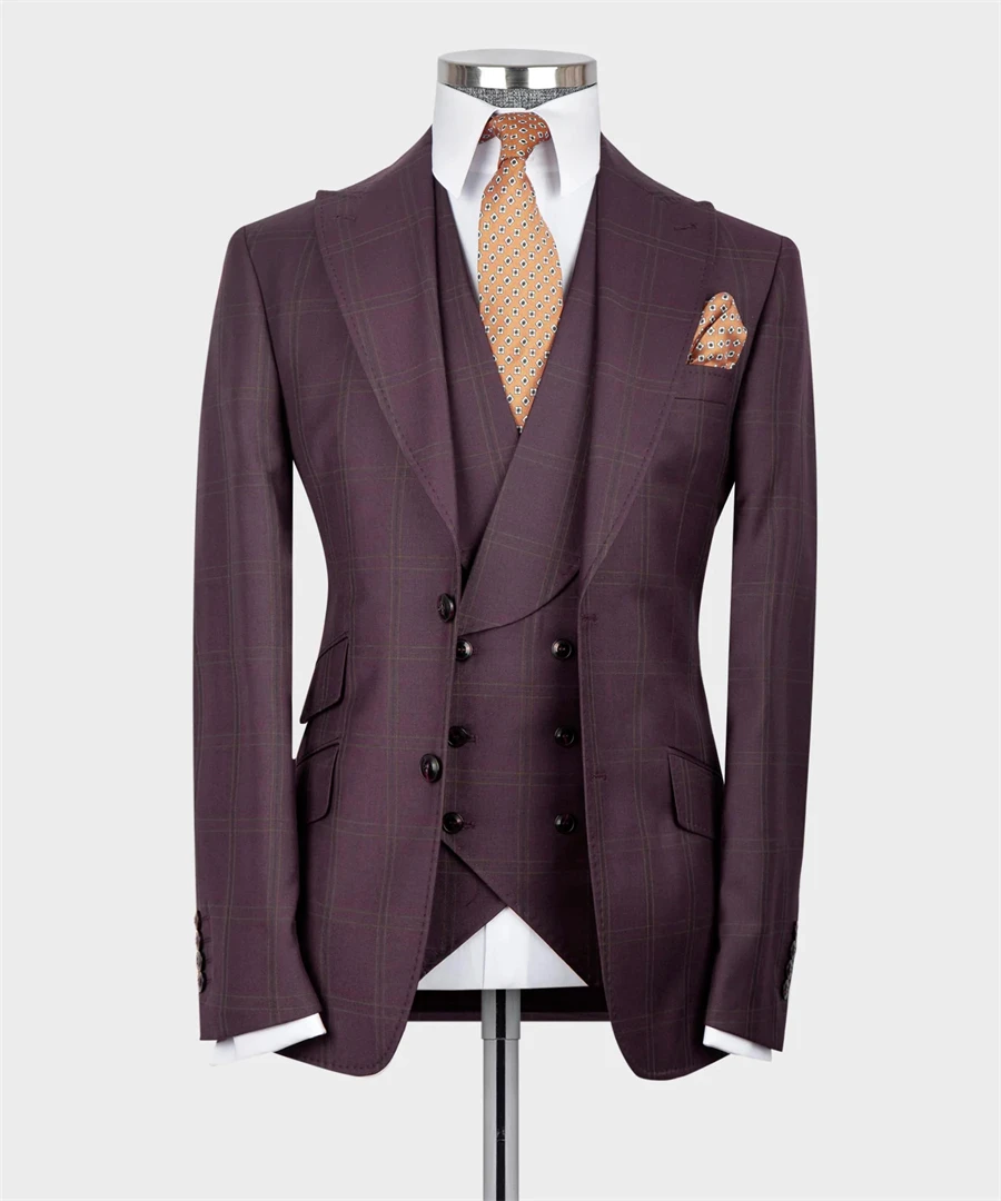 Classic Burgundy Plaid Wedding Tuxedo Formal Groom Men Suits Slim fit 3PCS Blazer Vest Pants Business Wear Prom Party Male Suit
