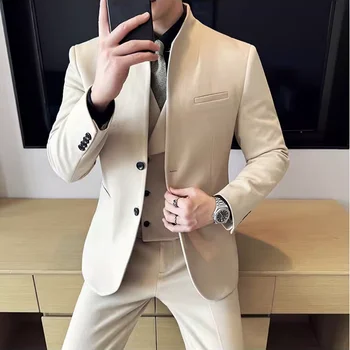 Nuovo abito cinese di lana con colletto alla coreana autunno inverno uomo d'affari casual sposo matrimonio abito slim fit smoking (giacca + pantaloni) 1