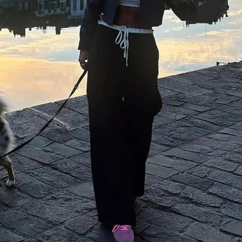 

Elastic High Waist Suit Pants Color Block Double Layer Elastic High Waist Women Pants with Pockets Stylish Straight Wide for A