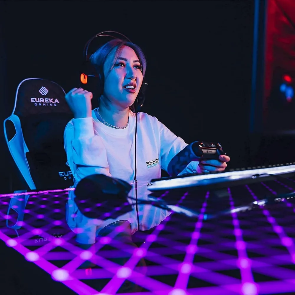 LED Gaming Desk, Music Sync Lights Up Tempered Glass Desktop, 43" Office Computer Table W Controller Rack 4 USB Charging Ports 3