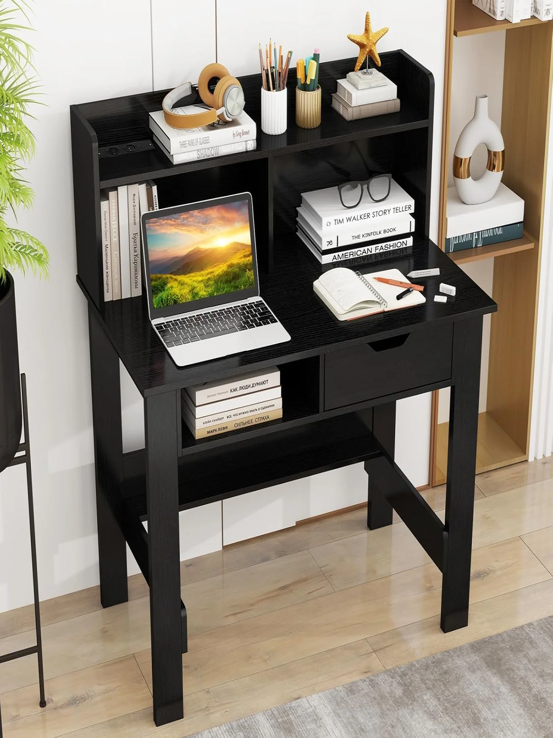 Schreibtisch mit Steckdosen, kleiner Computer tisch mit Aufsatz, offenes Fach und Schublade, PC-Tisch, Tisch für das Home Office,95x56x109,5 cm – Detail 1