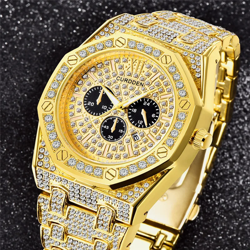 Original CURDDEN Big Brand Golden Watches For Men Fashion Alloy Band Hip Hop Diamond Date Quartz Watch Montres de Marque de Luxe