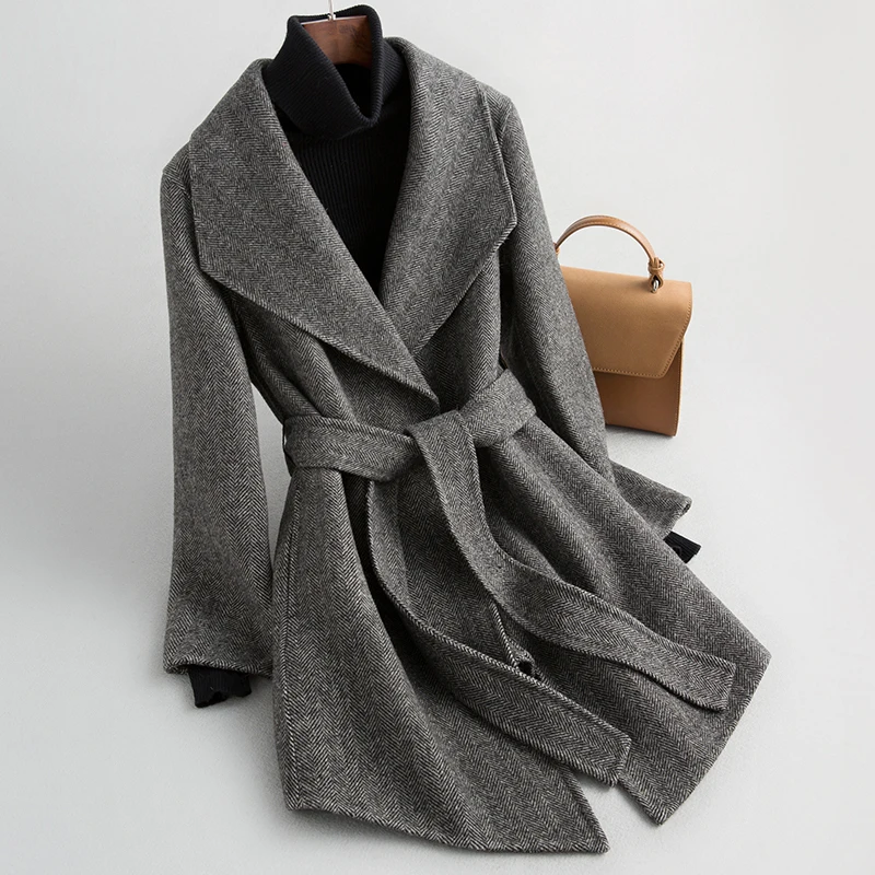 

New autumn and winter herringbone double-sided nylon wool coat for women's clothing 2023 popular woolen medium length coat