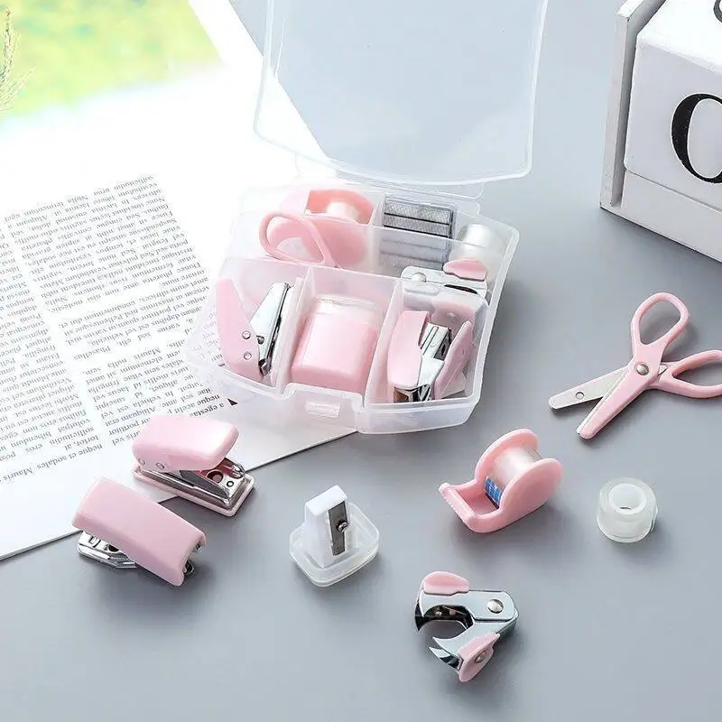 Mini Stapler Staple Punch Hole Tape Machine Set Ins Korean Multifunction Scrapbook Tool Box Back To School Student Supplies mini stapler set