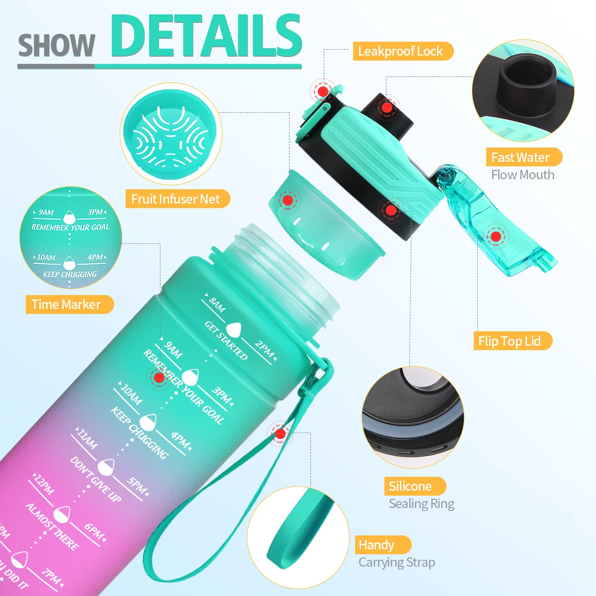 500/700/1000ML Sports Water Bottle With Time Marker Leakproof Portable Drinking Bottle For Outdoor Tour Fitness BPA Free Garrafa