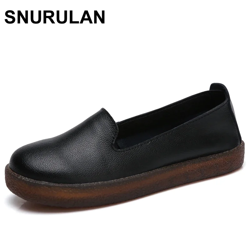 

SNURULAN Women Flats Shoes Genuine Leather Slip-on Round Toe Muscle Sole Ladies casual Shoes Comfortable Soft Shoes Female Fall