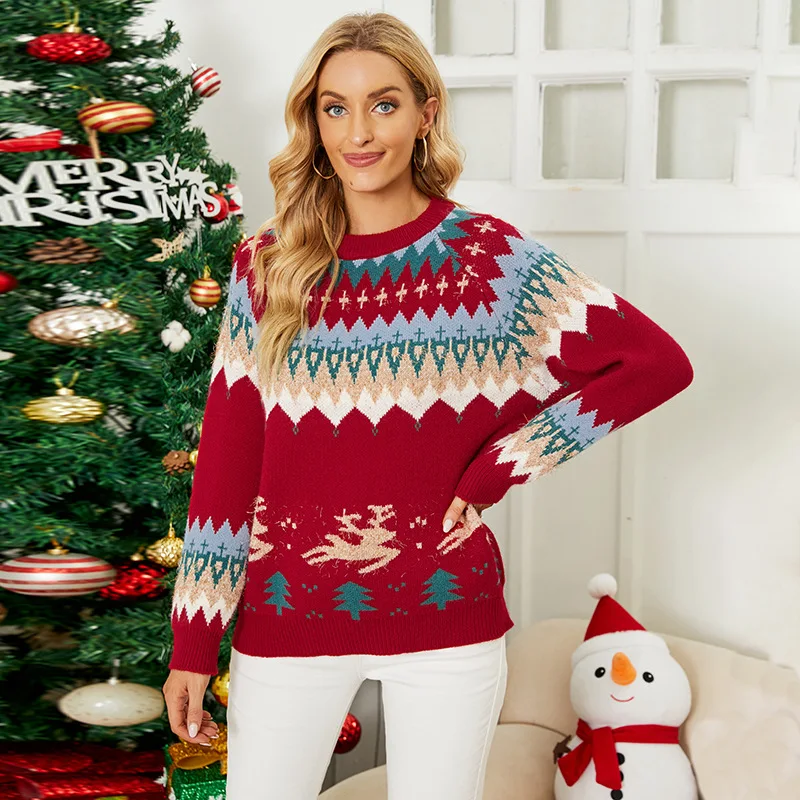 Rentier Pullover Weihnachtspullover Damen Long Rot Weiß