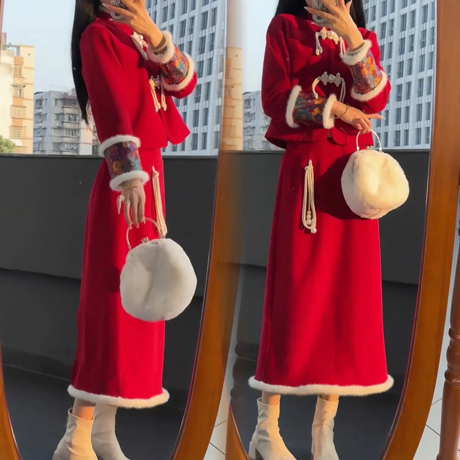 

UNXX Wealthy Girl Chinese Style Set, Winter New Cheongsam Furry Coat + A-line Midi Skirt 2 Piece 2024 New Arrivals Fashionable