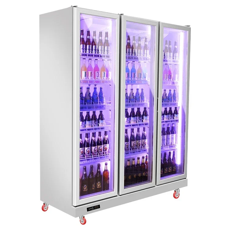 Bar Beer Can Cooler Display Freezer 3 Glass Door Beverage Refrigerator Upright Chilled Beer And Beverage Display Cabinet