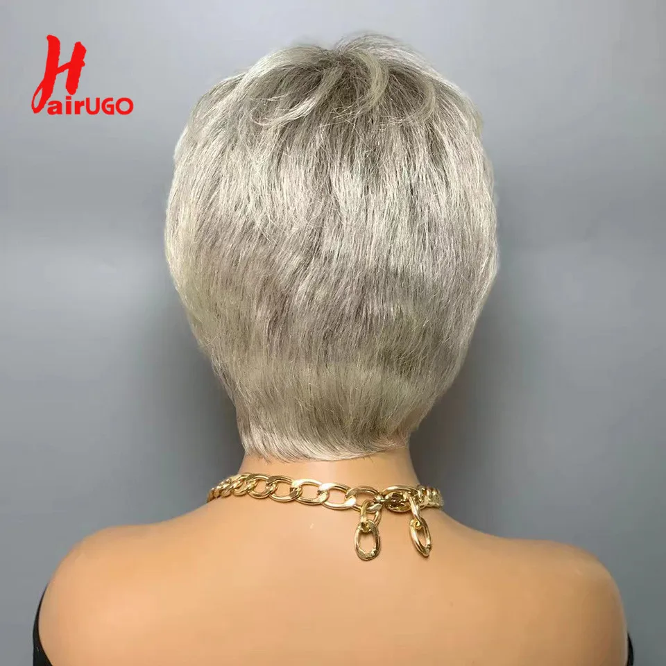 옴브레 그레이 픽시 컷 인모 무접착제 가발, 그레이 프린지 풀 머신 제작 가발, 앞머리 프린지 인모 가발, Hairugo