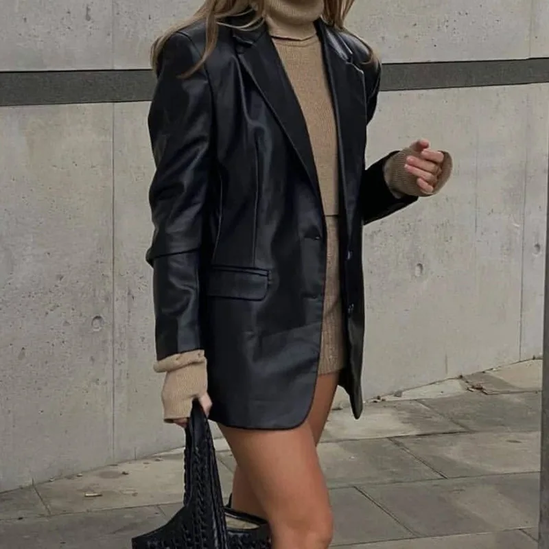 Fashion Faux Leather Blazer Black Single Breasted Leatherette Long Outwear Fall Jacket for Women 2022 Autumn Winter Clothes Coat