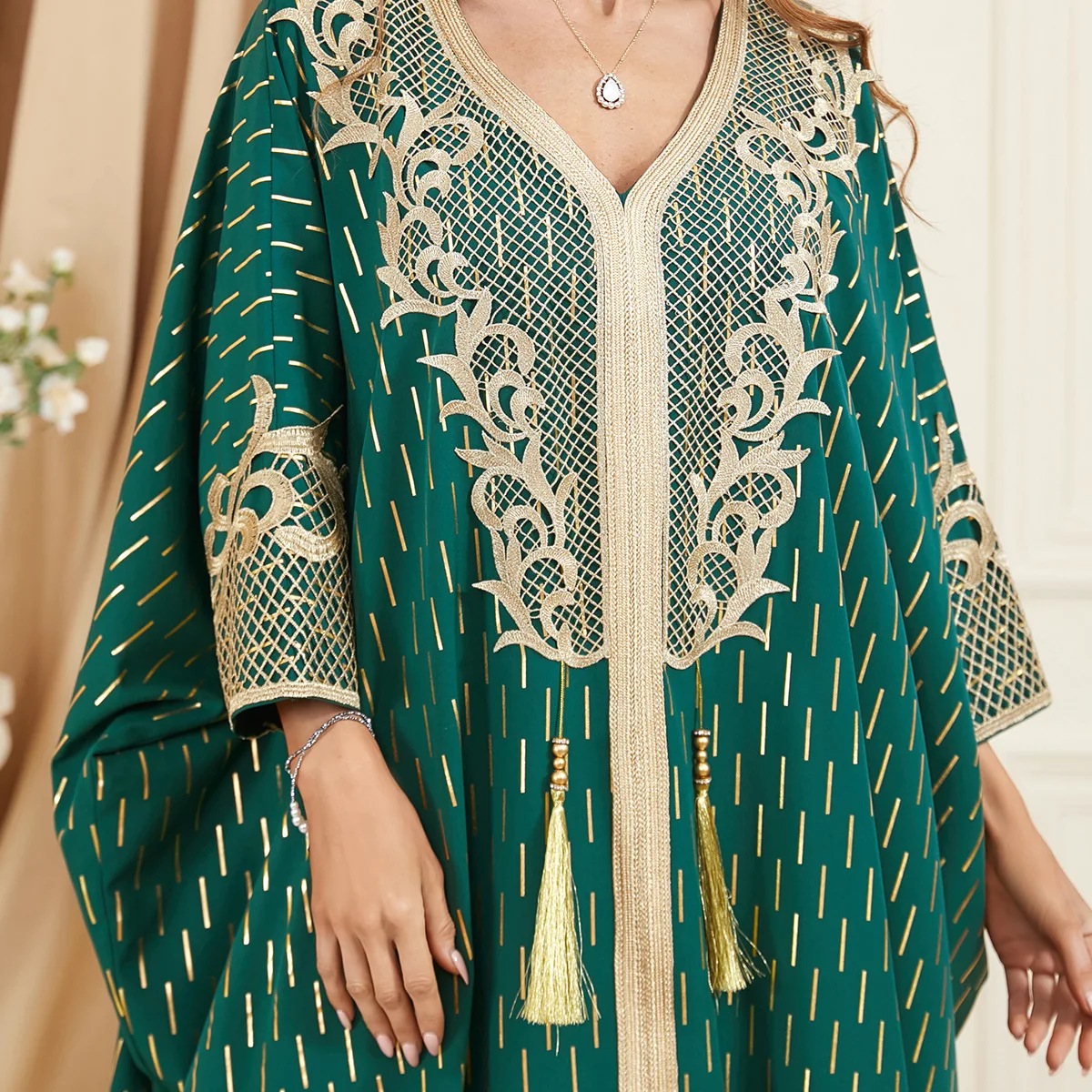 Batwing Sleeve Abaya Dress for Women Chic Lace Applique Tape Trim Gold Stamping Arab Turkey Muslim Robe Tassel Corban Dress