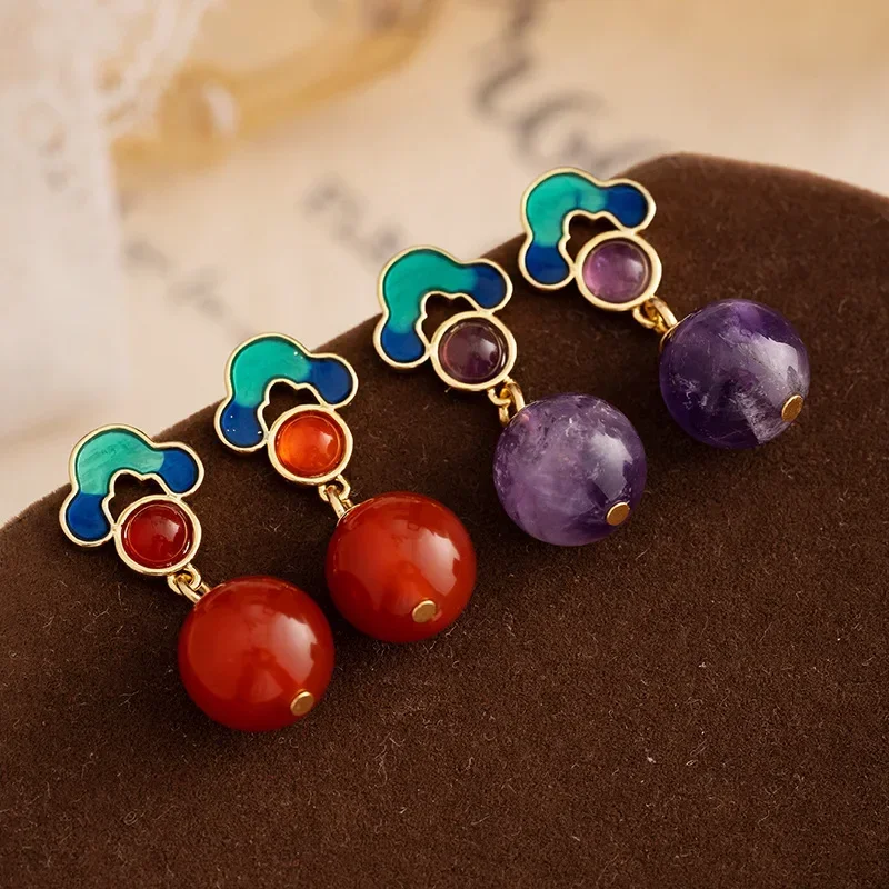 

Light luxury vintage simple enamel natural stone earrings for women