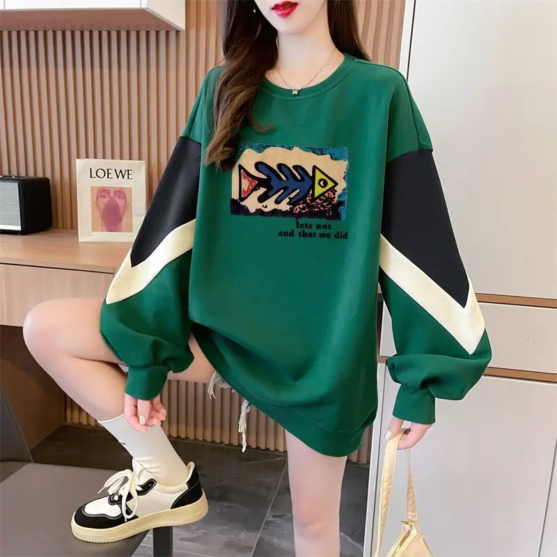 Women Korean Fashion Letter Print Patchwork Oversized Streetwear Y2K Sweatshirts Female Casual O Neck Long Sleeve Pullover Tops