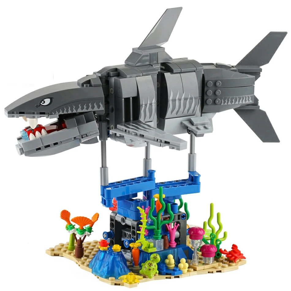 625 Pz Biomimeti Shark Building Blocks Jurassic Fish Animali Marini Megalodon World Park Figure Bricks Bambini Dinosauri Giocattoli