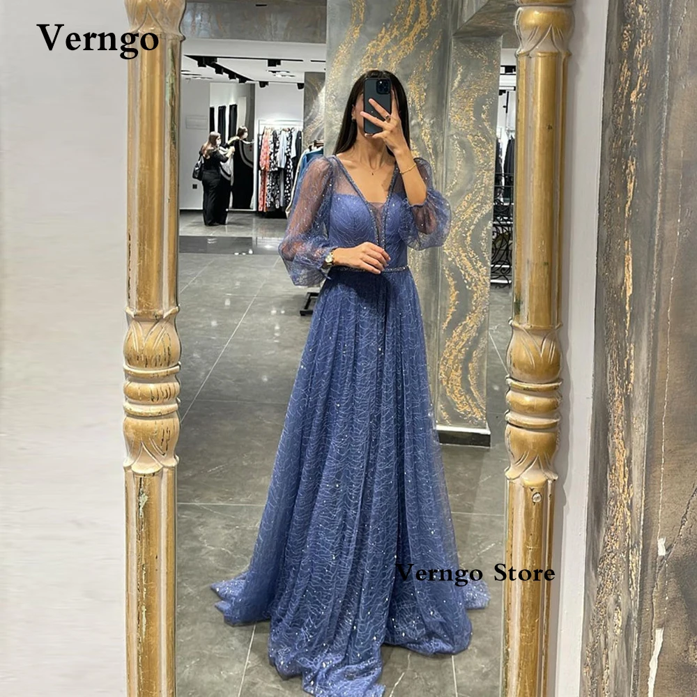 

Verngo 2023 Shiny Dusty Blue Lace Evening Dresses Puff Long Sleeves V Neck Sash Floor Length Arabic Women Formal Prom Dress