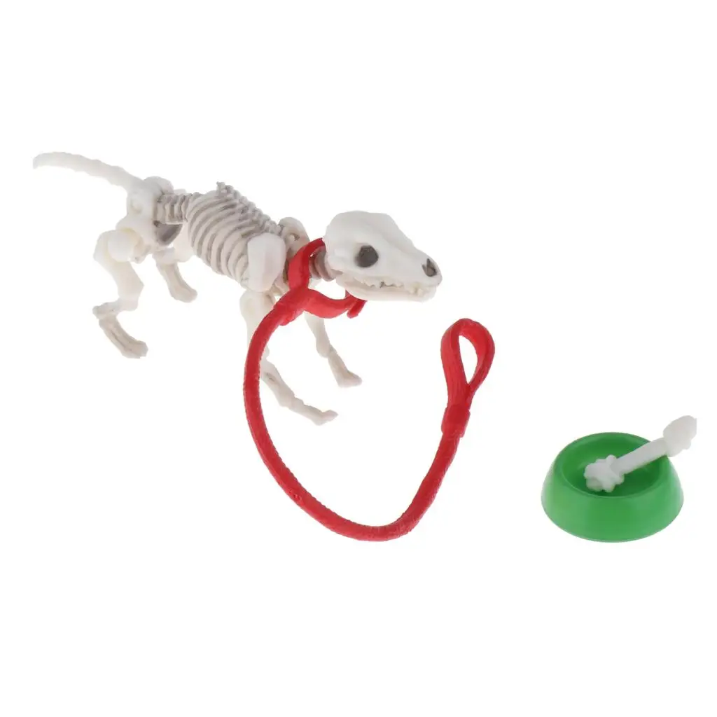 Dollhouse Miniatures Pose Skeleton Dog Bowl Set Halloween Props