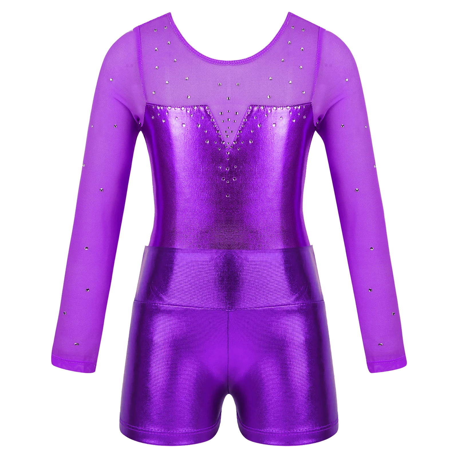 Children Dance Leotards Gymnastics Dancewear Sets Kids Metallic Long Sleeve Ballet Gymnastics Leotard with Shorts