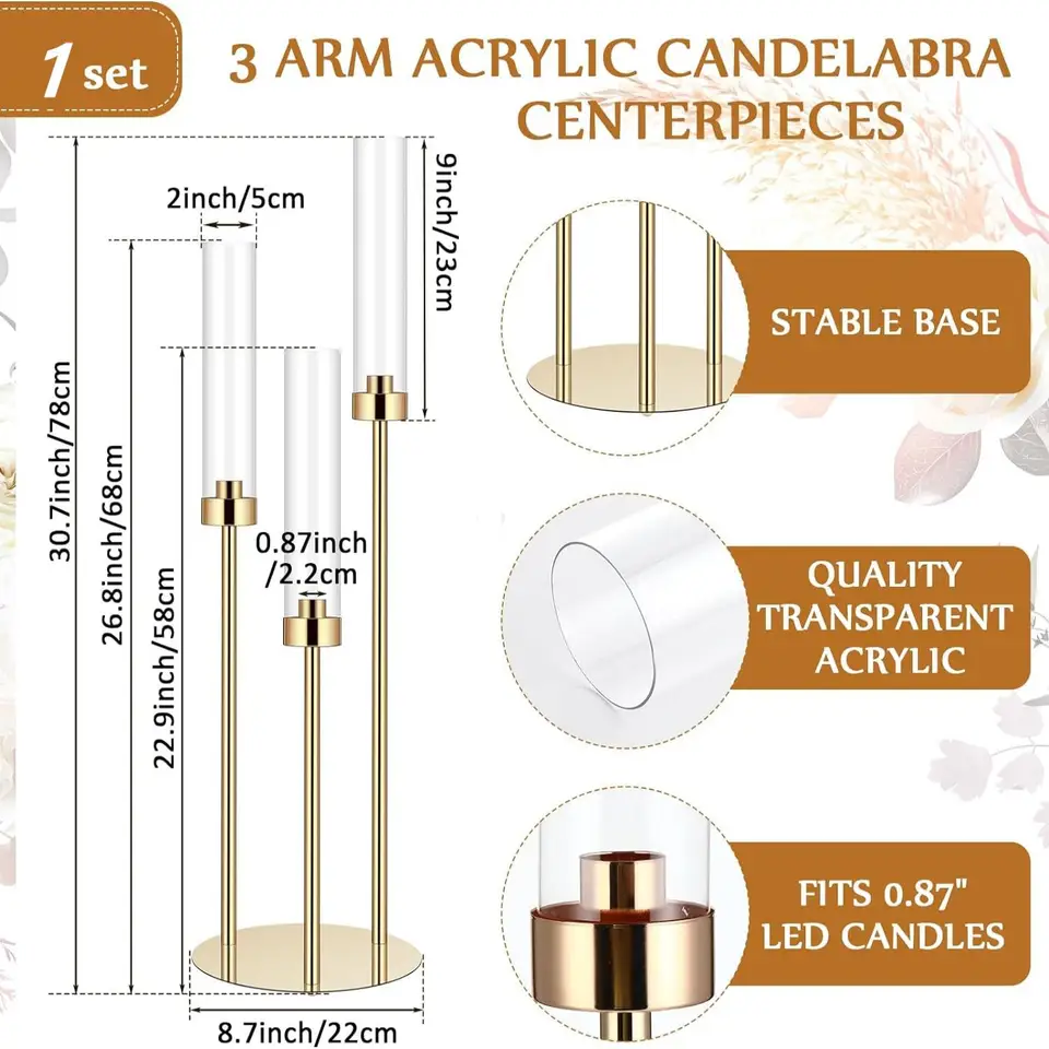 Bougeoir De Sol Acrylique 125 Cm - Doré, 6 Bras, Pour Bougies LED Coniques, Décoration Mariage, événement
