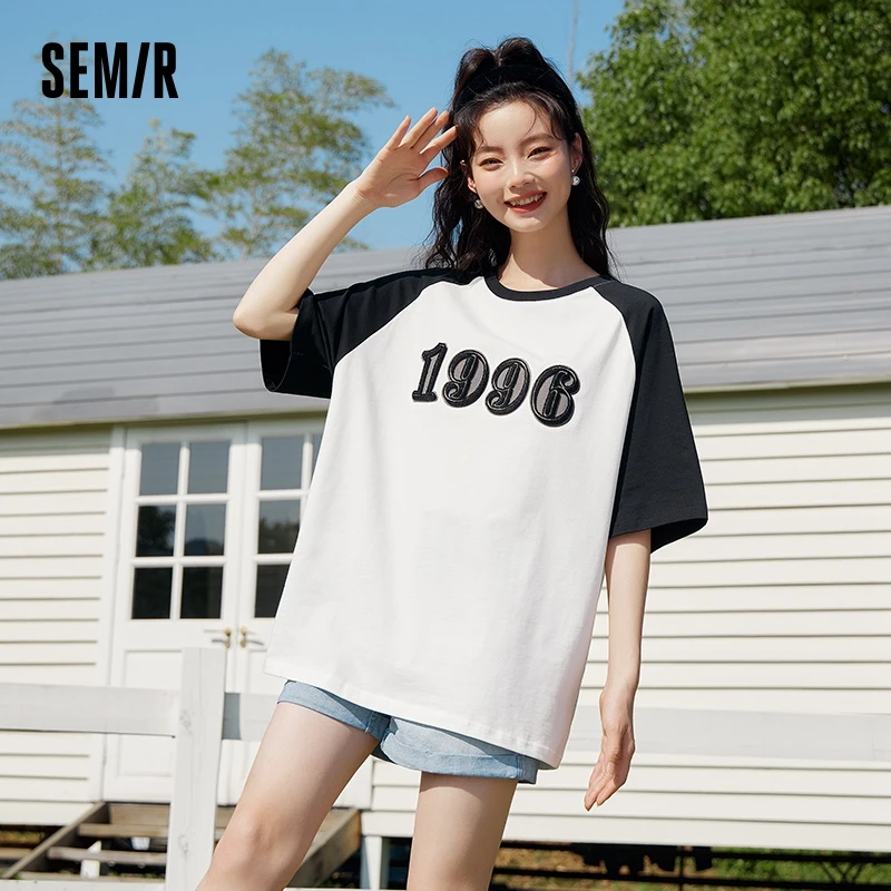 

Semir Short-sleeved T-shirt Women Mid-length Oversize Raglan Sleeves 2023 New Summer Embroidered Contrast Color T-shirt