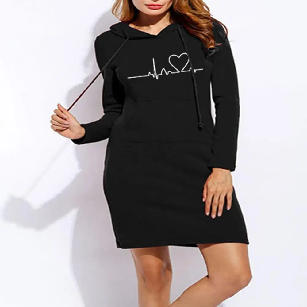 

Women Printed Dress Stylish Women's Hooded Drawstring Dress Slim Fit Long Sleeve Above Knee Length for Fall Spring Hooded Slim