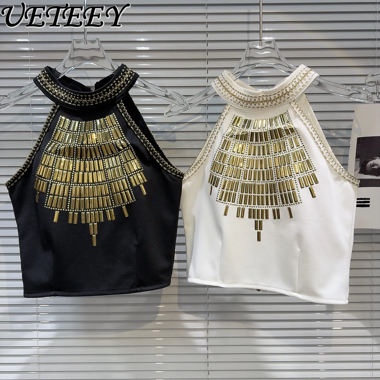 

2024 Summer New Niche Socialite Metal Vertical Bar Rivet Design Zipper Halter Vest Top for Women Tank Top Y2k Accessories Camis