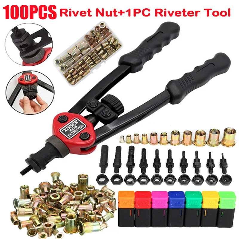 

Riveter Gun Auto Rivet Tool 12" Blind Rivet Nut Gun Heavy Hand INSER NUT Tool Manual Mandrels M3 M4 M5 M6 M8 with 50pcs Nuts