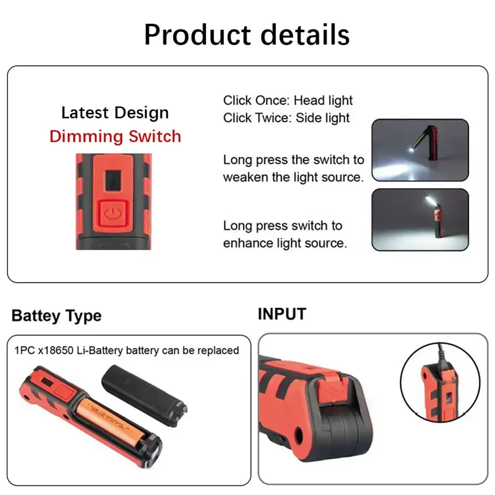 COB LED Work Light-USB Rechargeable Dimmable Flashlight with Magnetic Hook & 18650 Battery-Inspection Lamp & Power Bank