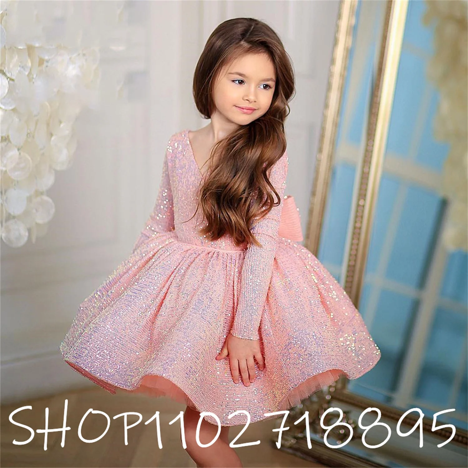 

Pink Sequin Baby Girl Dress Lace Tulle Flower Girl Dresses Bow Long Sleeves First Communion Dress For Girl Birthday Kids Dresses