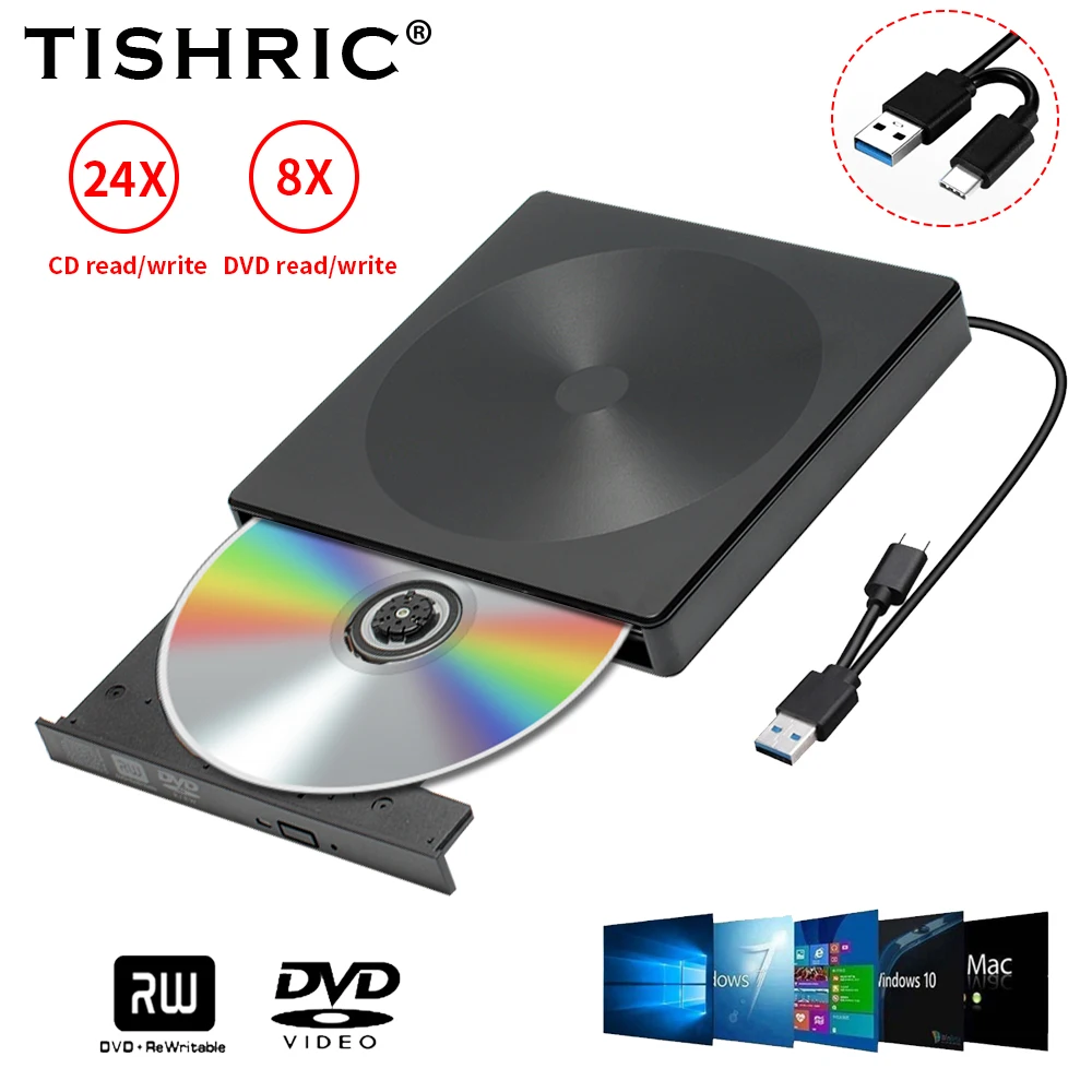TISHRIC 외장 DVD CD 버너 드라이브, USB 3.0 C 타입 DVD CD RW 드라이브 라이터, 버너 광학 플레이어, PC 노트북 태블릿 DVD 플레이어