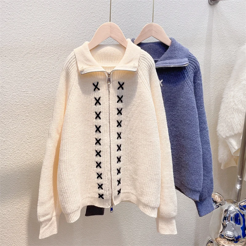 

EBAIHUI High Quality Zipper Sweater Jacket Women Autumn Winter Turn Down Collar Loose Lazy Style Vintage Thick Knitted Cardigans