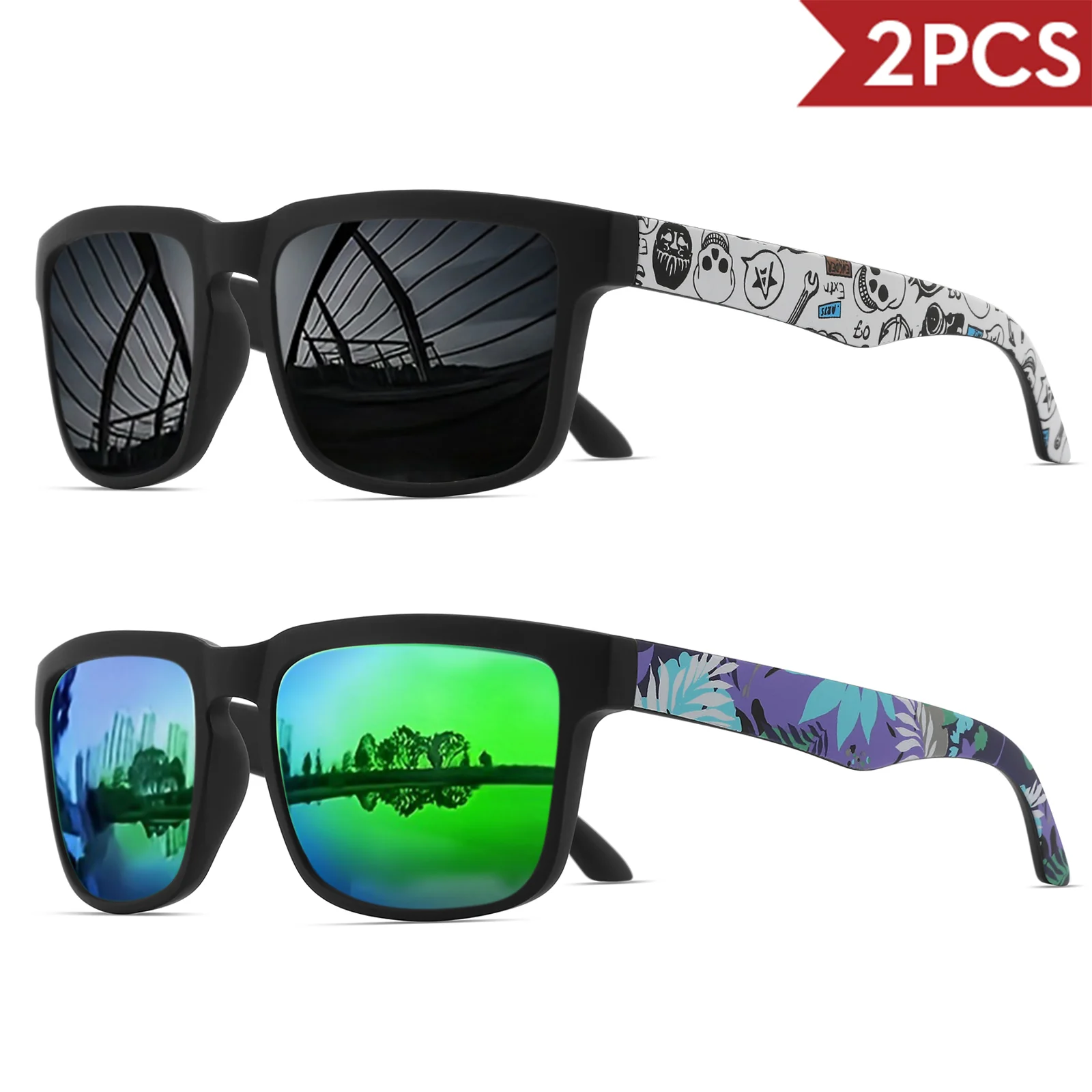 2 quadratische Sport-Sonnenbrille mit Designer-Tempelmuster – UV400 für Männer und Frauen, Strandurlaub – Detail 15