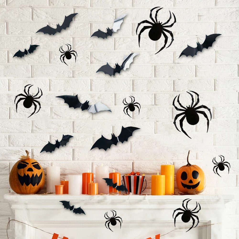 Halloween 3D Bat Wall Stickers Pvc Black Spider Ghost Sticker Halloween Horror Props Home Bedroom Bar Halloween Decoration 2024