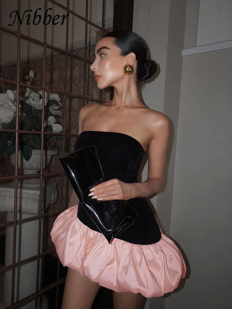 Nibber Summer Puffy Dress Women Y2K Elegant Irregular Velvet Patchwork Strapless Midnight Birthday Party Sweet Banquet Bodycon