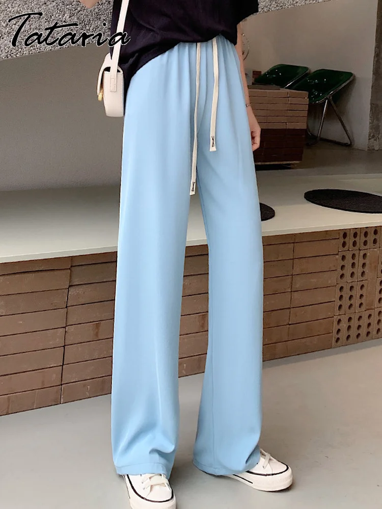 

2023 Summer Wide Trousers for Women Classic Thin Soft Lace Up Ice Silk Pants Elegant High Waist Sweatpants Baggy Straight Pants