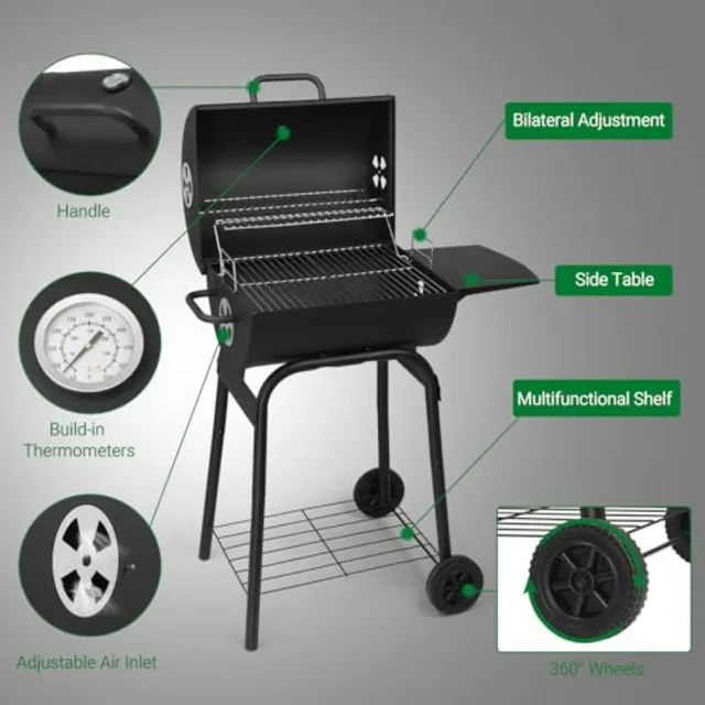 Barrel Charcoal Grill with Side Table and Wheels for Outdoor Cooking in Garden Patio Backyard and Party Use Durable Smoker Gril 5
