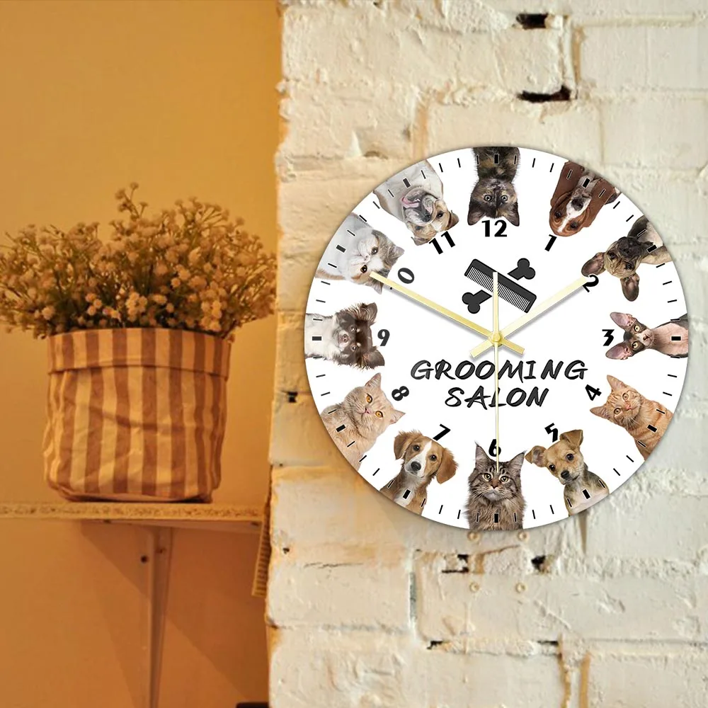 Cat And Dog Grooming Salon Personalized Print Wall Clock for Vet Clinic Pet Groomer Shop Decorative Wall Sign Silent Wall Watch 3