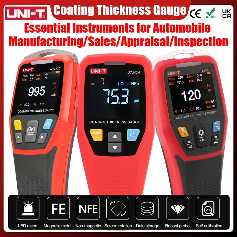 UNI-T UT343D Coating Thickness Gauge 0.1 Micron/0-1250um Automotive Paint Film Thickness Tester To Measure FE/NFE Paint Tools