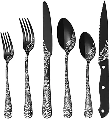 

Black Silverware Set with Steak Knives, Black Flatware Set for 8, Stainless Steel Cutlery Set, Knives and Forks and Spoons Sets,