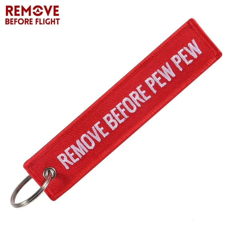 6pcs Empty Chamber Keychain REMOVE BEFORE PEW PEW Double Side Embroidered Key Fobs Hook Loop Key Chain for Aviation Tag Gun Safe