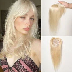 Remy Human Hair Toppers with Bangs Blonde Straight Natural Human Hair Pieces for Women with Thinning Hair Silk Base Topper Top