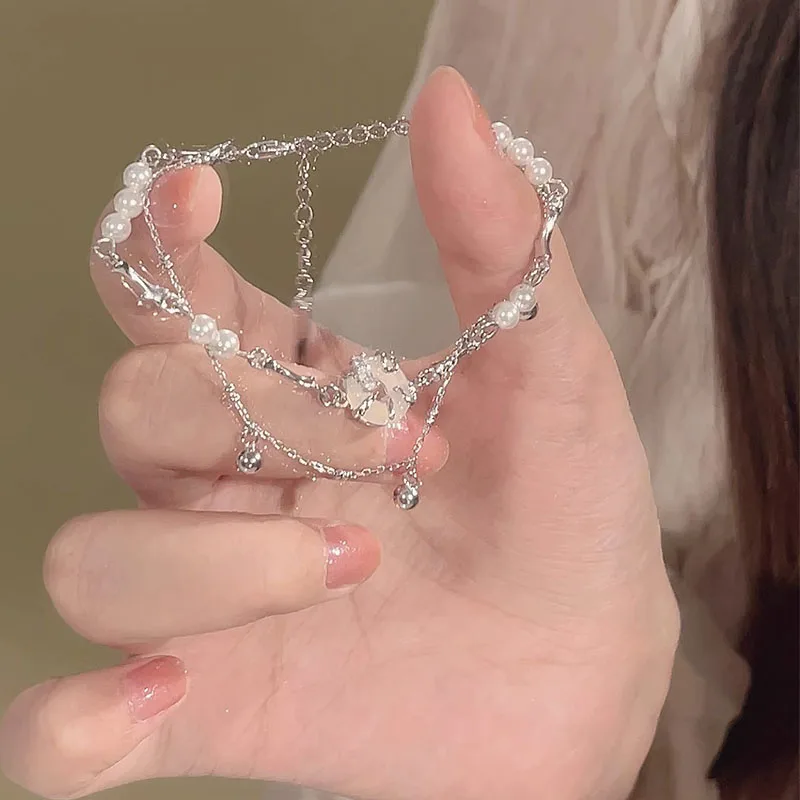 VENTFILLE 여성용 호탄 제이드 벨 팔찌, 더블 레이어 진주, 불규칙한 심플 주얼리 선물, 직송