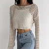 Fishnet Crochet Top Long Sleeve Crop Pullover Women Summer Cover Up Open-knit Blouse Y2K Grunge Outfit 1