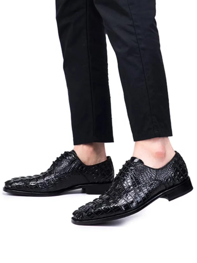 Business Casual Mens Crocodile Skin Genuine Leather Dress Shoes Pointed Toe Lace Luxury British Style Mens Derby Shoes Size 45