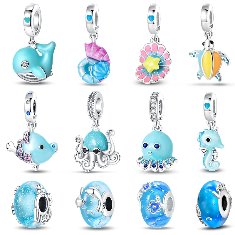 

Real 925 Sterling Silver Whale Octopus Sea Shell Blue Luminous Charms Beads Fit Pandora 925 Original Bracelets DIY Fine Jewelry