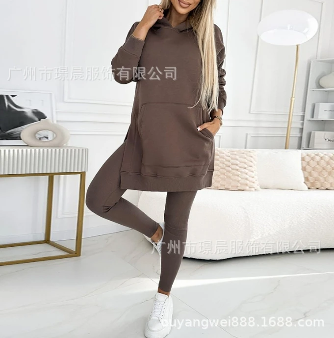 2024 Women's Two-piece Casual Commuting Loose Fitting Long Slit Hooded Long Sleeved Pocket Hoodie Tops and Slim Fit Pants Set