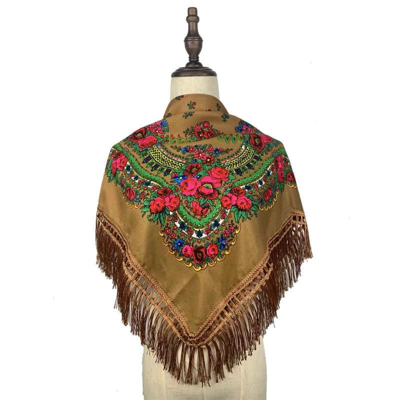 Russian Shawls Female Headwrap Floral Printed Fringed National Scarf Retro Handkerchief Women's Square Headscarf Tassels Bandana