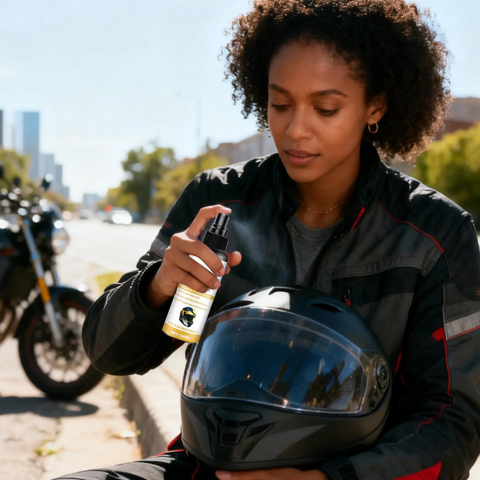 Anti-fog spray applied to helmet visor