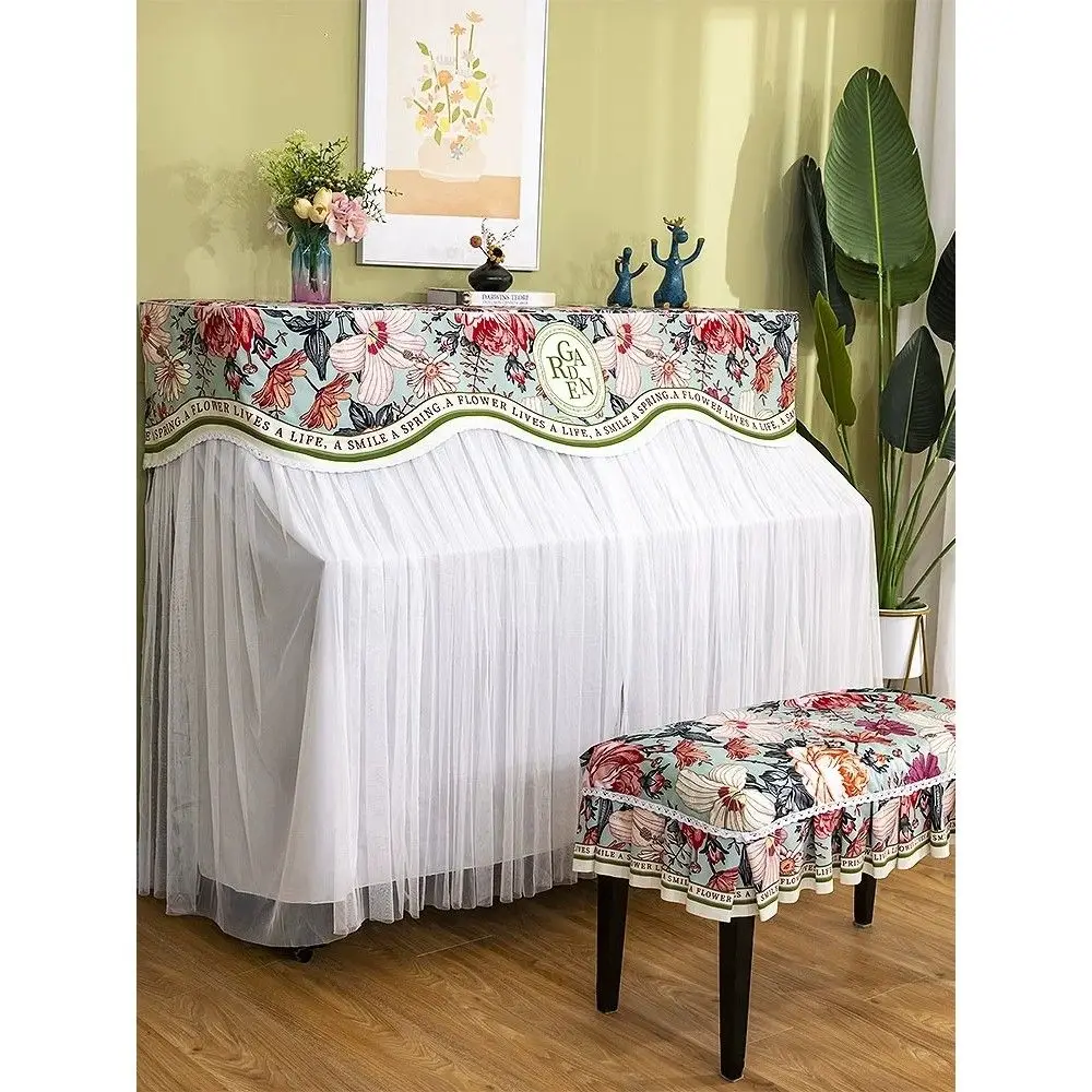 French Piano Case Chair Cover Cloth Set White Lace Electronic Piano Full Cover Elegant Floral Pastoral Upright Dust