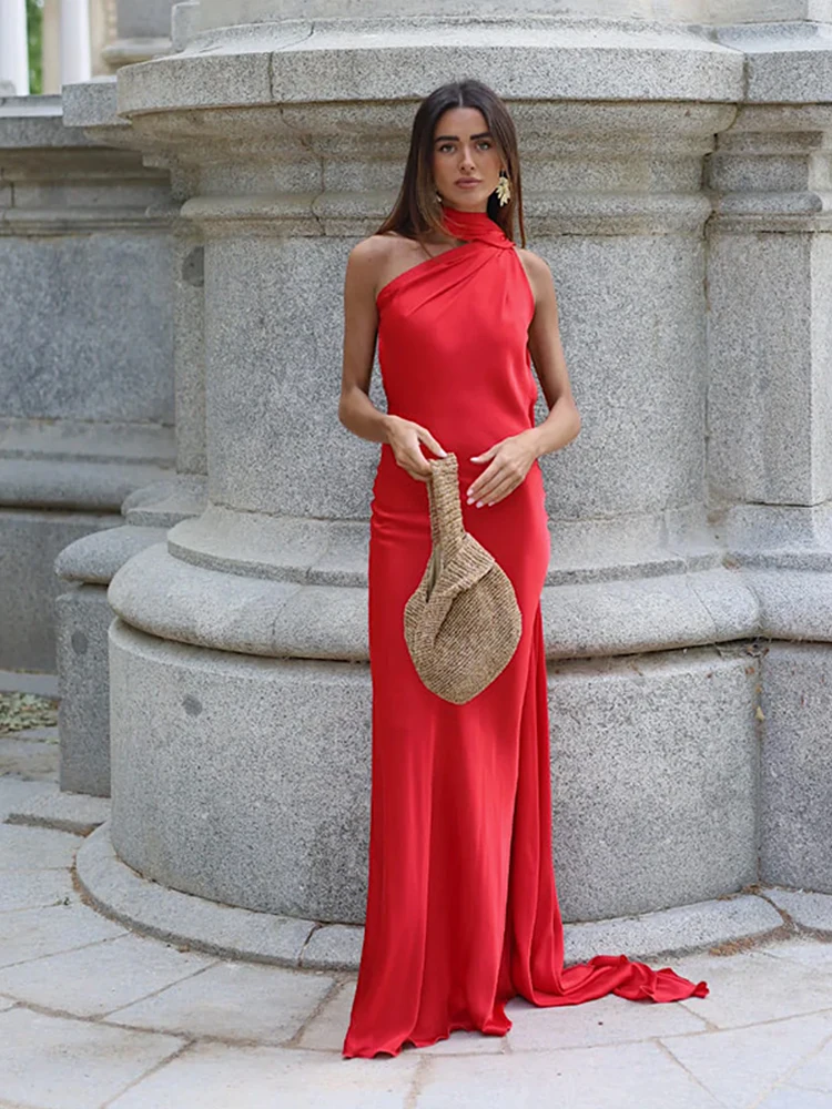 Elegant Satin Halter Maxi Dress with Scarf Collar - Sleeveless Backless Evening Gown